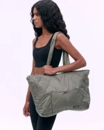Quilted Nylon Tote Bag - Olive Green